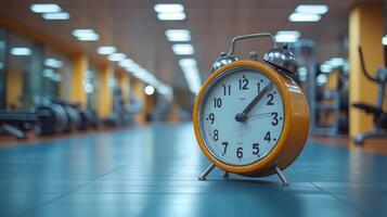 Vintage Alarm Clock in a Gym Setting photo