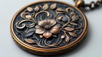 Intricately Carved Copper Pendant with Floral Design photo