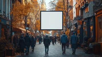Autumnal Street Scene with Blank Billboard, A European Cityscape in Fall photo