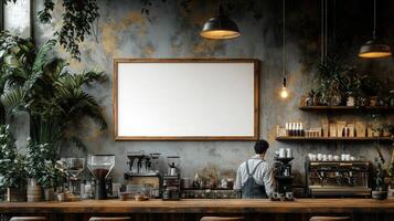 Rustic Coffee Shop Interior with Blank Signboard photo