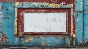 Rustic Vintage Blank Billboard on Weathered Brick Wall photo