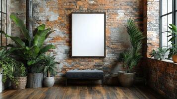 Modern Industrial Interior Design with Plants and Blank Canvas photo