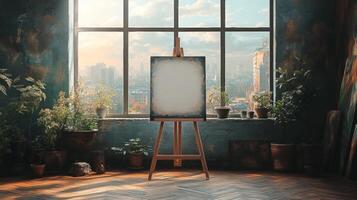 Artistic Studio with City View, A Blank Canvas Awaits Inspiration photo