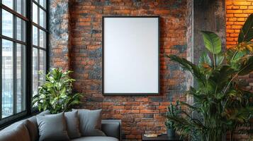 Modern Loft Interior with Blank Canvas and Greenery photo