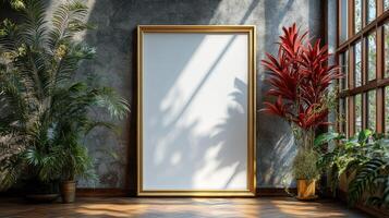 Empty Gold Frame Mockup in a Room with Plants and Sunlight photo