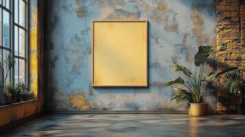 Rustic Loft Interior with Blank Canvas and Tropical Plants photo