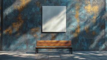 Tranquil Urban Scene, A Wooden Bench and Blank Canvas Against a Textured Wall photo