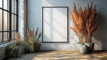 Modern Interior Design with Pampas Grass and Blank Canvas photo