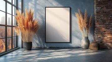 Modern Loft Interior with Pampas Grass and Blank Canvas photo