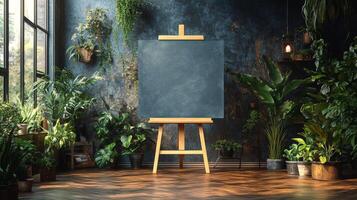 Serene Indoor Garden with Blank Canvas on Easel photo
