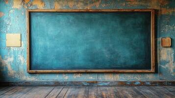 Vintage Teal Chalkboard in Rustic Classroom photo