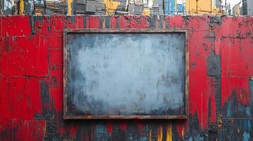 Rustic Blank Sign on Weathered Red Wall photo