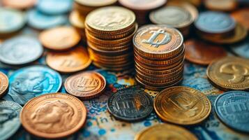 Cryptocurrency and Fiat Currency Coins Stacked on a World Map photo