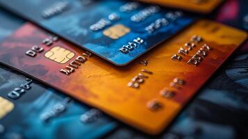 Close-up of Multiple Credit Cards, Showing Different Designs and Colors. Illustrating Financial Transactions and Payment Methods. photo