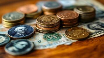 Close-up of Stacks of Coins and Dollar Bills on Wooden Surface photo