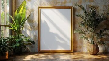 Sunlit Interior with Golden Frame and Tropical Plants photo
