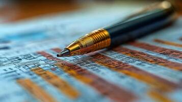 Close-up of a Gold-Accented Pen Resting on Detailed Financial Documents photo