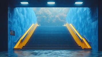 Mysterious Blue Stairway Leading to a Misty Forest photo