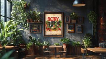 A Rustic Coffee Shop Decorated with Lush Greenery and Vintage Posters photo