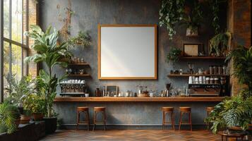 Lush Greenery Coffee Shop Mockup, Serene Cafe Interior Design with Blank Sign photo