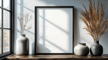 Modern Minimalist Home Deco, Blank Canvas and Dried Flowers photo