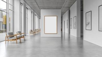Modern Art Gallery Interior Design Mockup, Minimalist White Space with Large Blank Canvas and Light Gray Armchairs photo