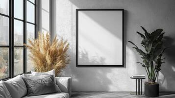 Modern Minimalist Living Room Interior Design with Blank Frame Mockup photo