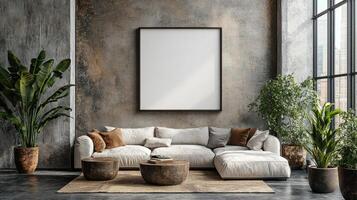 Modern Loft Interior Design, Spacious Living Room with Large Empty Frame, Sectional Sofa, and Lush Greenery photo