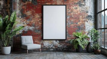 Modern Loft Interior Design with Blank Poster Mockup photo