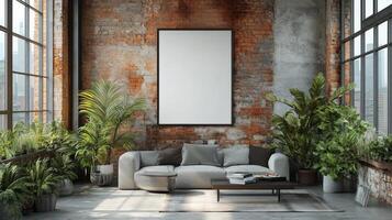 An empty frame in an industrial loft with plants photo