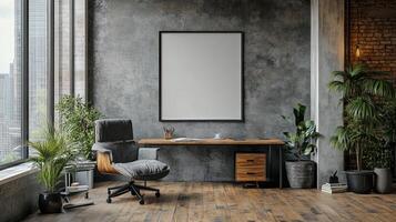 Modern Industrial Office Interior Design with Blank Frame Mockup photo