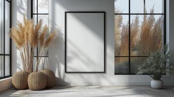Modern Minimalist Interior Design with Pampas Grass and Blank Canvas photo