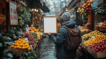 A Traveler Holding a Blank Sign in a Vibrant Fruit Market photo