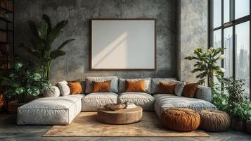 Modern Living Room Interior Design with Large Sectional Sofa, Plants, and City View photo