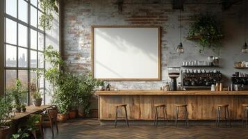 Rustic Coffee Shop with Large Window and Blank Sign photo