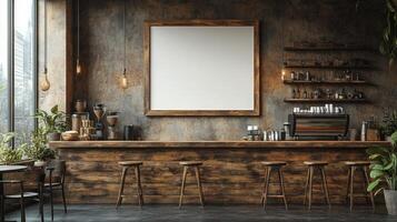 Rustic Coffee Shop Interior Design with Blank Mockup Poster photo
