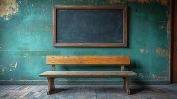 Rustic Classroom Setting, Wooden Bench and Blackboard Against a Weathered Teal Wall photo