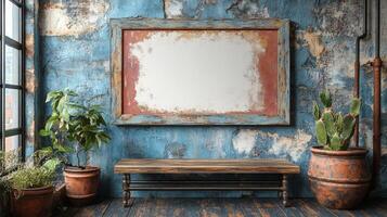 Rustic Interior Design with Blank Frame, Plants, and Wooden Bench photo