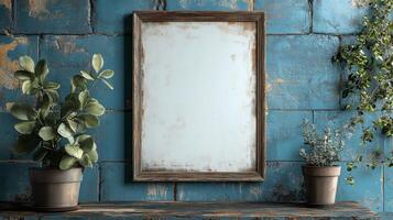 Rustic Still Life, Blank Frame, Plants, and Weathered Blue Wall photo