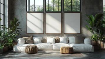 Modern Loft Apartment Interior Design with Three Blank Canvas Mockups photo