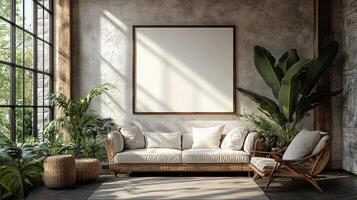 Serene Tropical Living Room with Blank Canvas Mockup photo