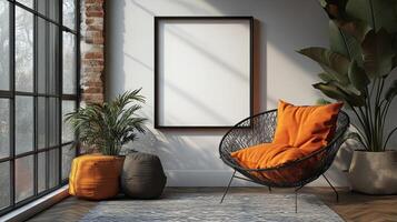 Modern Living Room Interior Design with Orange Accents and a Blank Canvas photo