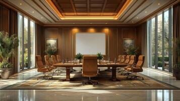 Luxurious Boardroom Interior Design, Elegant Meeting Room with Wooden Paneling and Large Windows photo