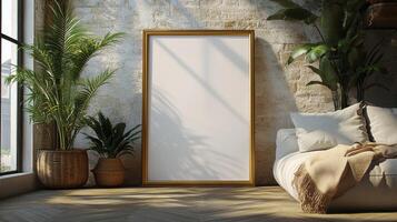 Sunlit Bohemian Interior Mockup, Golden Frame, Plants, and Cozy Sofa photo