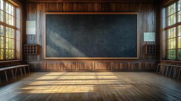 Vintage Classroom, A Sunlit Empty Room with Blackboard photo