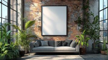 Modern Loft Apartment Interior Design with Plants and Blank Canvas photo