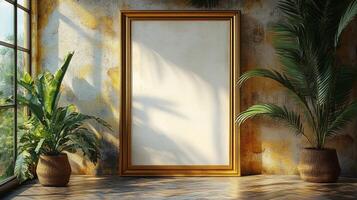Golden Framed Canvas Mockup in a Tropical Room with Sunlight photo