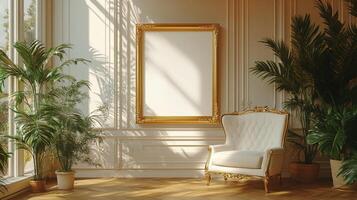 Elegant Interior Design, Sunlit Room with Gold Frame and Plush Chair photo