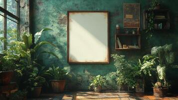 Serene Greenhouse Interior with Blank Canvas, A Tranquil Oasis of Lush Greenery photo