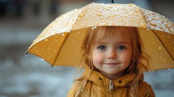 Little girl under a yellow umbrella in the rain photo